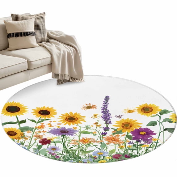 Summer Floral Round Area Rug 3.3ft Sunflower Daisy Lavender Country Rustic Plant Non-Slip Washable Circle Rugs Soft Felt Indoor Floor Mat for Bedroom Kitchen Living Room Bathroom