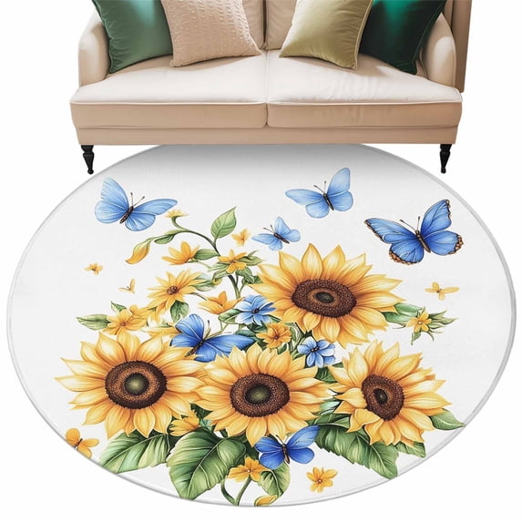 Summer Floral Round Area Rug 8ft Watercolor Butterfly Romantic Sunflower Farmhouse Retro Non-Slip Washable Circle Rugs Soft Felt Indoor Floor Mat for Bedroom Kitchen Living Room Bathroom