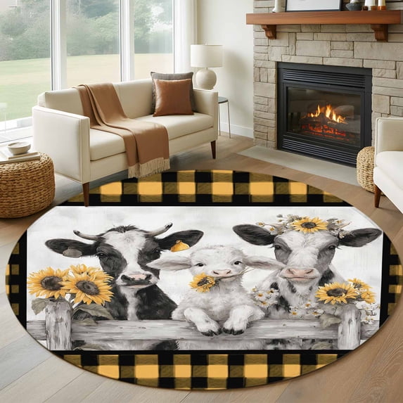 Summer Floral Round Living Room Rugs 5 ft, Watercolor Sunflower Funny Farm Cow Sheep Yellow Plaid Washable Area Rug with Non-Slip Sturdy Edge Binding Round Carpet for Entryway Kitchen Bathroom