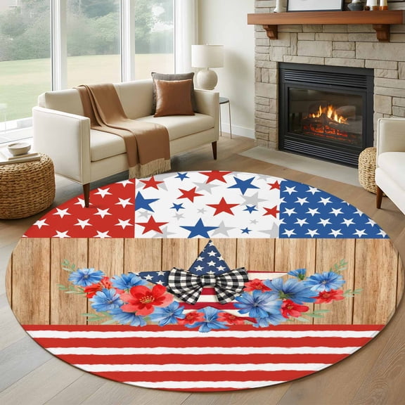 Summer Floral Round Rug 5Ft Independence Day Red Blue Star Stripes Wood Grain Circle Area Rugs Washable Non Slip Indoor Floor Mats Carpet for Living Room Bedroom Dining Room Home Decor