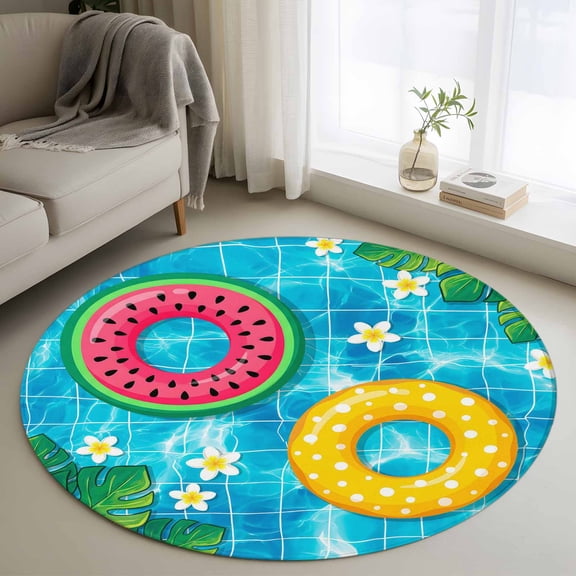 Summer Floral Round Rugs for Living Room 3ft Tropical Leaves Watermelon Swimming Rings Wave Non Slip Circle Rug Washable Low-Profile Indoor Carpet for Bedroom, Dining Room, Bathroom