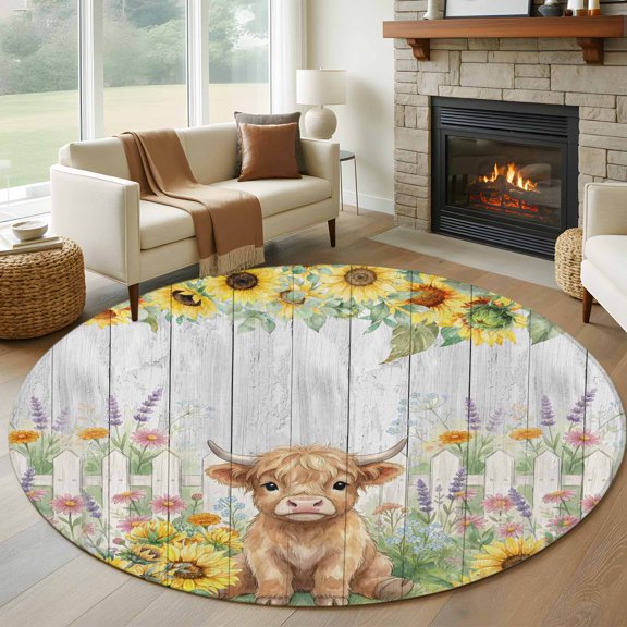 Summer Floral Round Rugs for Living Room 7ft Watercolor Farm Cow Farmhouse Sunflower Fence Wood Grain Non Slip Circle Rug Washable Low-Profile Indoor Carpet for Bedroom, Dining Room, Bathroom