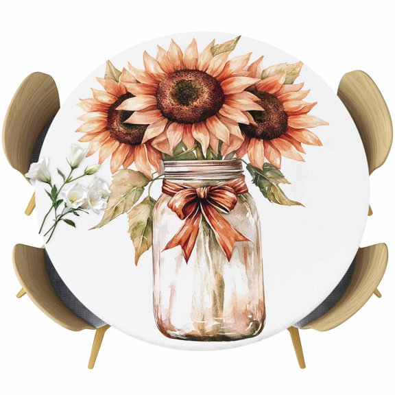 Summer Floral Round Tablecloth 36-44 Inch Round Fitted Table Cloth with Elastic Edge, Spring Sunflowers Leaf Plant Bow Vase Waterproof Table Cover Protector for Outdoor Picnic Party Dining