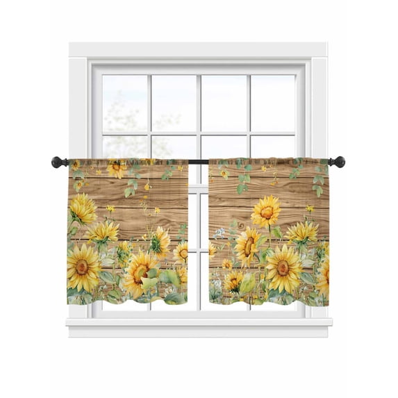 Summer Floral Sheer Curtains 2 Panels Set Watercolor Sunflower Eucalyptus Leaves Wood Grain Sheer Window Curtains Light Filtering Rod Pocket Voile Drapes for Bedroom Living Room 52"x45"