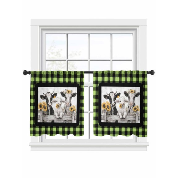 Summer Floral Sheer Curtains 2 Panels Set Watercolor Sunflower Funny Farm Cow Sheep Green Plaid Sheer Window Curtains Light Filtering Rod Pocket Voile Drapes for Bedroom Living Room 52"x45"
