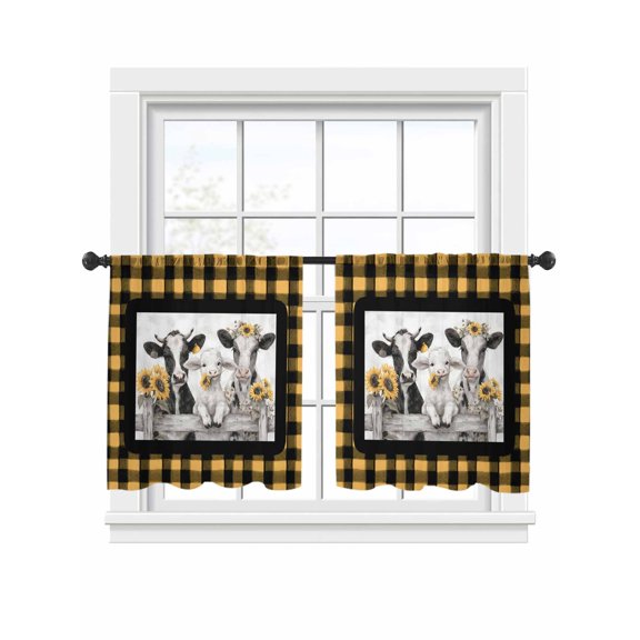 Summer Floral Sheer Curtains 2 Panels Set Watercolor Sunflower Funny Farm Cow Sheep Yellow Plaid Sheer Window Curtains Light Filtering Rod Pocket Voile Drapes for Bedroom Living Room 52"x45"