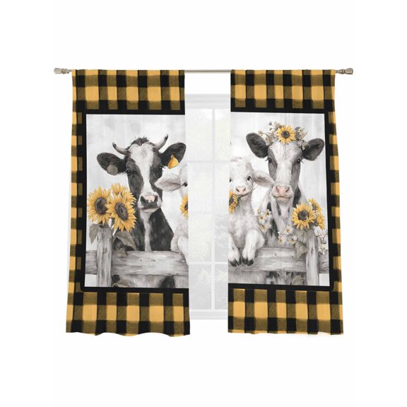 Summer Floral Sheer Curtains 2 Panels Set Watercolor Sunflower Funny Farm Cow Sheep Yellow Plaid Sheer Window Curtains Light Filtering Rod Pocket Voile Drapes for Bedroom Living Room 52"X72"