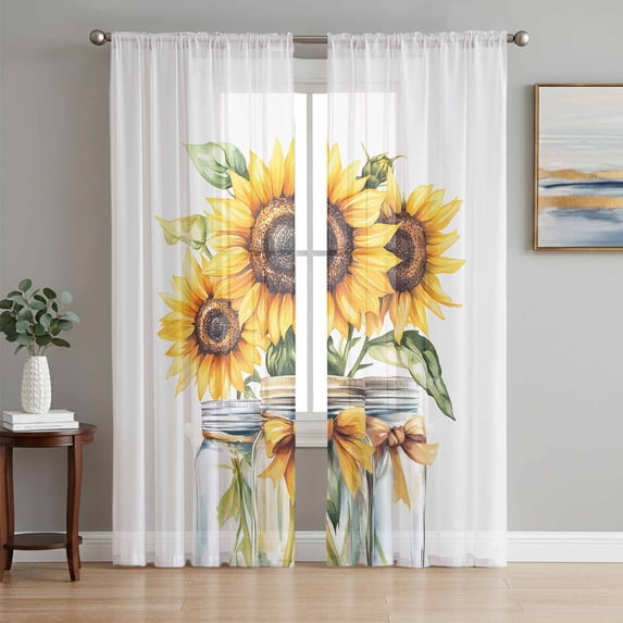 Summer Floral Sheer Curtains 96 Inch Length 2 Panels Set, Spring Watercolor Sunflowers Bow Vase Voile Window Treatment Semi Sheer Long Curtains Drapes for Bedroom/Living Room/Kitchen 52"x96"x2