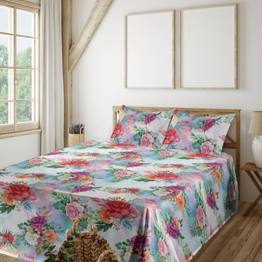 Summer Floral Sheet Set, Chill Colorful Design Garden Flowers Pattern with Leafy Ornaments, Fitted & Flat Sheet with Pillowcase Bedding Accent 4 Pcs Set, King, Dark Coral Multicolor, by Ambesonne