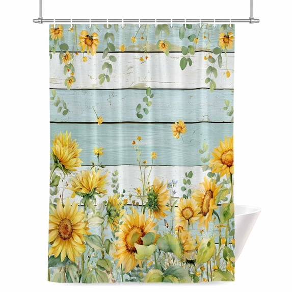 Summer Floral Shower Curtain, 48" x 72", Watercolor Sunflower Eucalyptus Leaves Blue Wood Grain Waterproof Bathroom Curtain Washable Shower Curtain Set with 12 Hooks