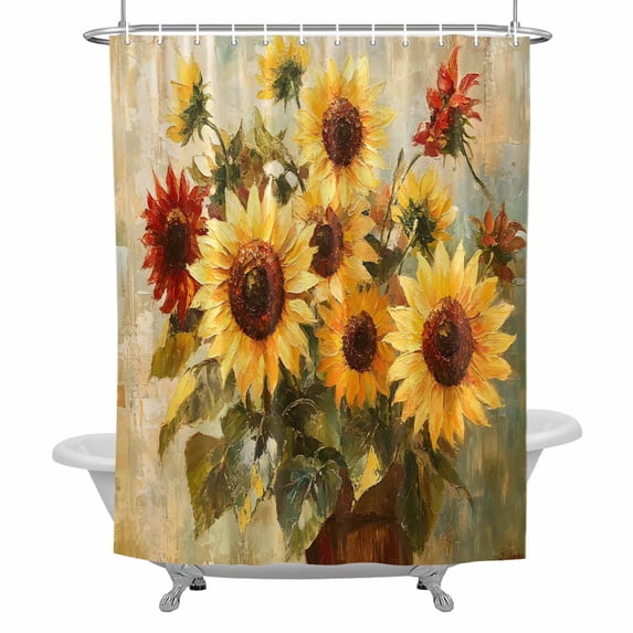 Summer Floral Shower Curtain for Bathroom, Watercolor Retro Red Yellow Sunflower Waterproof Cloth Fabric Bathroom Accessories Set with 12 Rust Proof Plastic Hooks, 72"x78"