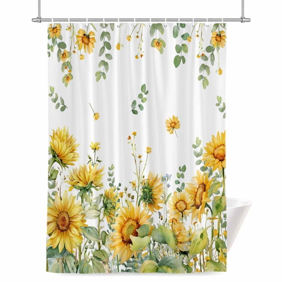 Summer Floral Shower Curtain, Watercolor Rustic Farmhouse Sunflower Eucalyptus Leaves Waterproof Shower Curtain Set with 12 Hooks Lightweight Bath Curtains Fabric Bathroom Decor 72x84 Inches