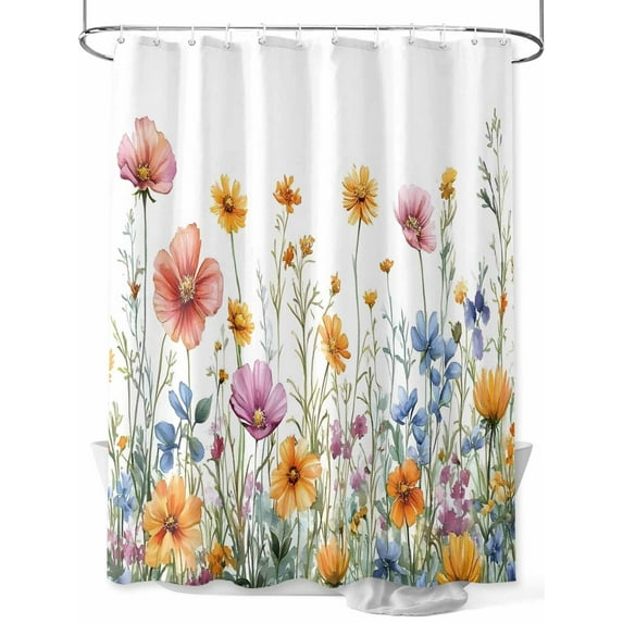 Summer Floral Shower Curtain, Watercolor Wildflower Rustic Bathroom Decor Curtains Set with Hooks, Pink Red Yellow Waterproof Fabric Home Accessories， 72 X 78 Inch Long