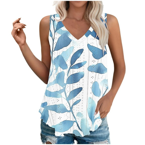 Summer Floral Sleeveless Tops For Women Eyelet Tank Top V Neck Tunic Tees Oversize Blouses Camisole Tee Trendy Causal Tshirts Daily Work Outfit