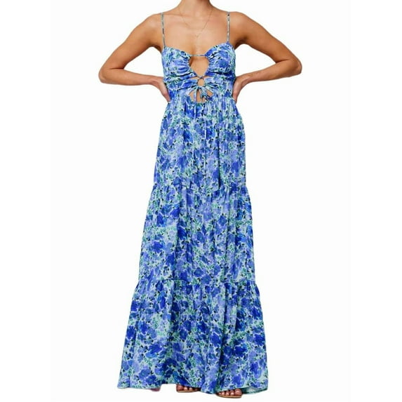 Summer Floral Sundress for Women Spaghetti Straps Hollow Out Tie Front Maxi Dress Flowy Smocked - Dress Blue L