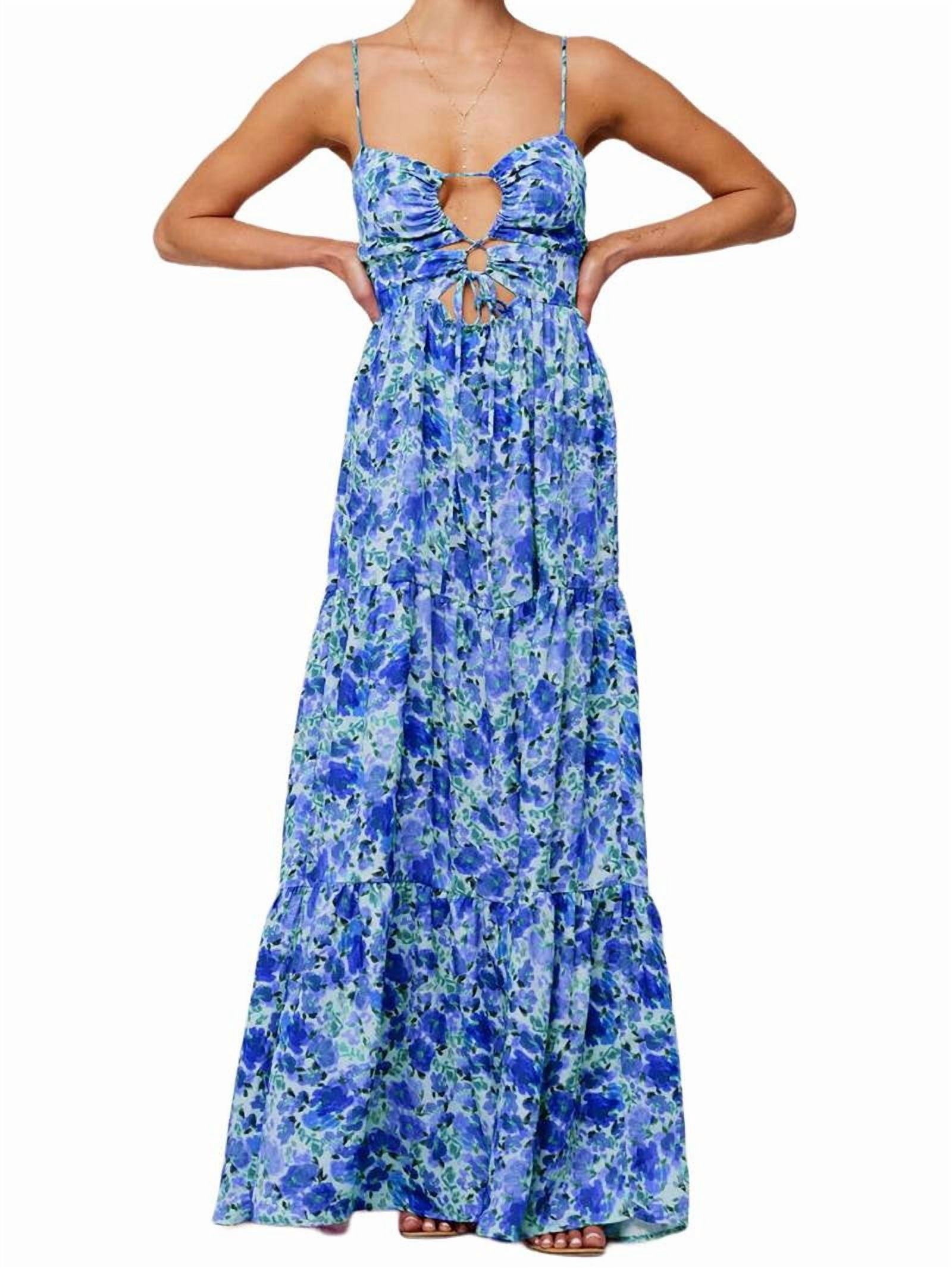 Summer Floral Sundress for Women Spaghetti Straps Hollow Out Tie Front Maxi Dress Flowy Smocked - Dress Blue M
