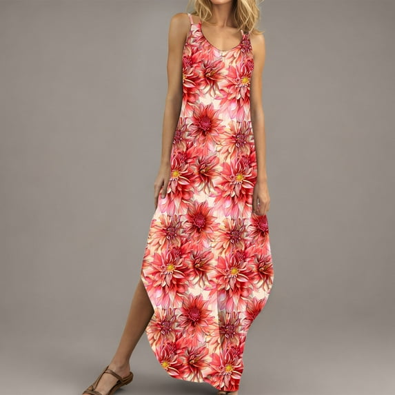 Summer Floral Sundresses for Women Girls Sleeveless V-Neck Maxi Dress Casual Beach Long Dress with Side Pockets Hotel Party Outfit Club Dress Plus Size S-XXL