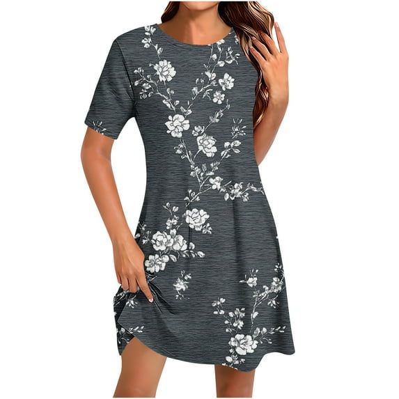 Summer Floral T Shirt Dress for Women Round Neck Loose Comfy Beach Vacation Sundress Short Sleeve Casual Tunic Dress