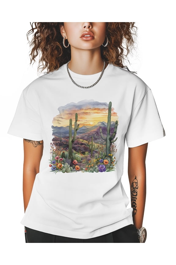 Summer Floral T Shirts for Women Short Sleeve Cotton Crewneck T-Shirt Desert Cactus Tee Tops Casual Basic T-Shirts, XS-5XL White XS