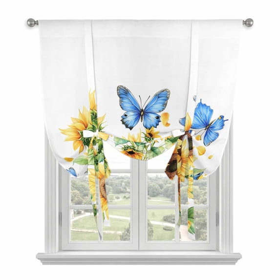 Summer Floral Tie Up Curtain 45 Inches Long, Watercolor Butterfly Romantic Sunflowers Farmhouse Balloon Style Kitchen Window Curtain Over Sink, Small Window Rod Pocket Curtain 52"x45"