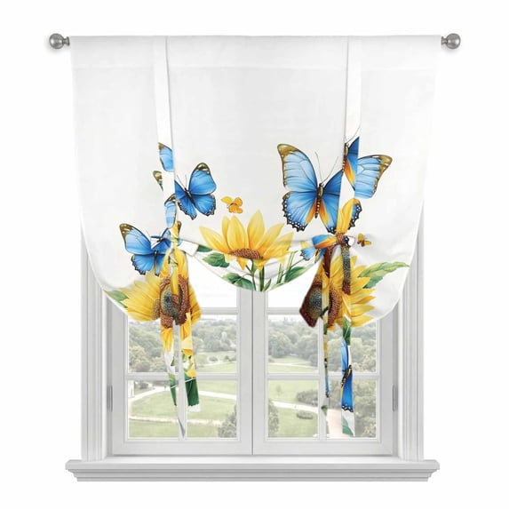 Summer Floral Tie Up Curtain 63 Inches Long, Watercolor Blue Butterfly Farmhouse Sunflower Balloon Style Kitchen Window Curtain Over Sink, Small Window Rod Pocket Curtain 46"x63"