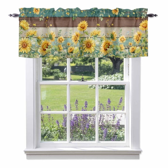 Summer Floral Valance Curtain for Windows Watercolor Sunflower Eucalyptus Leaves Retro Wood Grain Rod Pocket Curtain Valances Short Window Treatments for Kitchen Bathroom Laundry 60 x 14 Inch