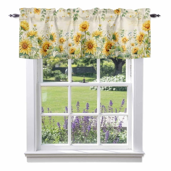 Summer Floral Valances for Windows Watercolor Rustic Retro Sunflower Eucalyptus Leaves Rod Pocket Cafe Window Treatments Valance Curtains for Kitchen Bathroom Laundry Basement Windows 56"x16"
