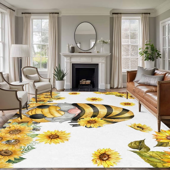 Summer Floral Washable Area Rug 8 x 10 ft Watercolor Sunflower Cartoon Gnome Farm Bee, Soft Non Slip Rugs Stain Repellent Indoor Felt Carpet for Living Dining Room Bedroom Home Office
