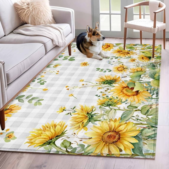 Summer Floral Washable Area Rugs 4'x6', Watercolor Sunflower Eucalyptus Leaves Gray Plaid Low Pile Throw Living Room Rug Non-Slip Sturdy Edge Binding Carpet for Indoor Entryway Bedside Kitchen