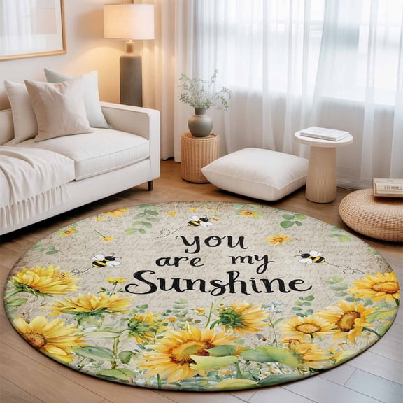 Summer Floral Washable Round Area Rug 8 ft, Watercolor Sunflower Leaf Bee Linen Texture, Soft Non Slip Rugs Stain Repellent Indoor Felt Carpet for Living Dining Room Bedroom Home Office