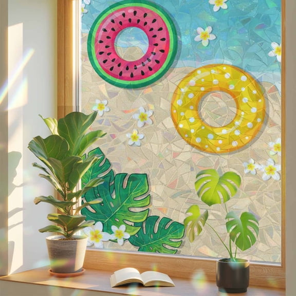 Summer Floral Window Privacy Film, Tropical Leaves Watermelon Swimming Rings Beach Stained Glass Rainbow Film Decorative Window Clings, Static Cling Sun Blocking Stickers 17.7" x 39.3"