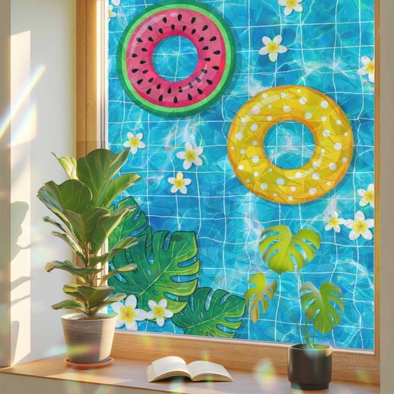 Summer Floral Window Privacy Film, Tropical Leaves Watermelon Swimming Rings Wave Stained Glass Rainbow Film Decorative Window Clings, Static Cling Sun Blocking Stickers 17.7" x 39.3"