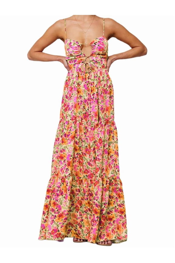 Summer Floral Women Spaghetti Straps Hollow Out Tie Front Maxi Dress Flowy Smocked - Dress Pink Orange S