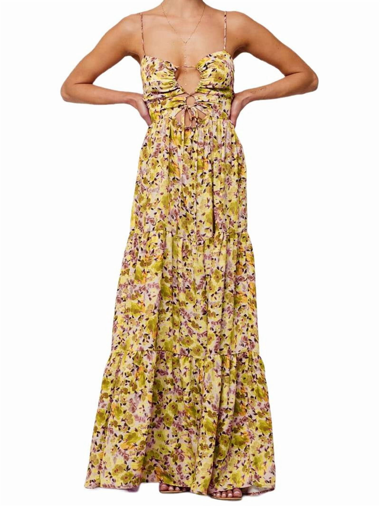 Summer Floral Women Spaghetti Straps Hollow Out Tie Front Maxi Dress Flowy Smocked - Dress Yellow-Green XL