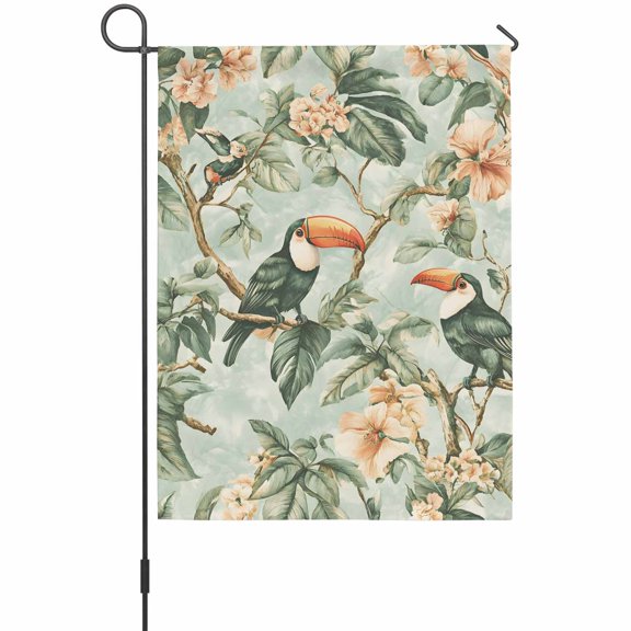 Summer Flower Animal House Flags For Outdoor, Green Watercolor Parrot Small Double Side Yard Flags Weather Proof House Decor for Lawn Outside Holiday 28 x 40 Inches