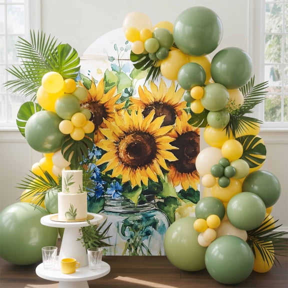 Summer Flower Arch Backdrop Cover, 6.6FT, Country Sunflower Wooden Board Spandex Arch Covers Double-Sided Backdrop for Wedding Birthday Party Photo Background Decoration