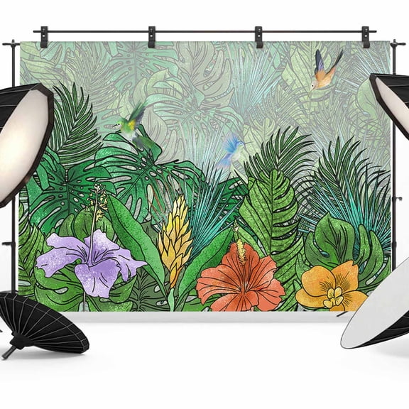 Summer Flower Backdrop for Photography, Hummingbird Palm Plants Green Photo Backdrop Portrait Background Party Banner Photo Backgrounds for Studio Booth Props, 10x8ft