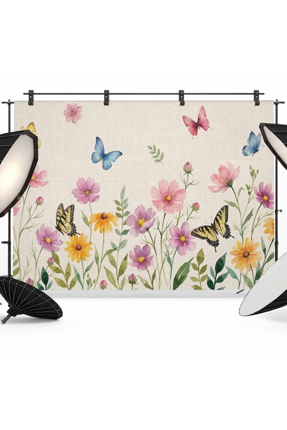 Summer Flower Backdrop for Photography, Rustic Pink Floral Color Butterfly Linen Texture Photo Backdrop Portrait Background Party Banner Photo Backgrounds for Studio Booth Props, 7x5ft