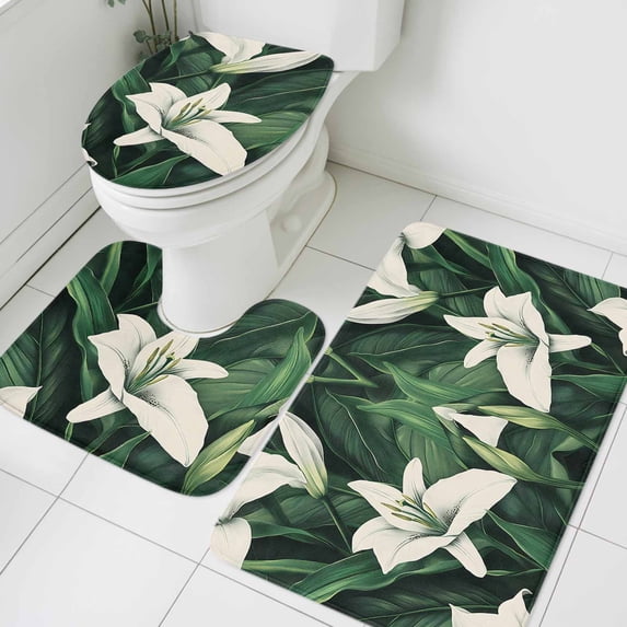 Summer Flower Bathroom Rugs Set Vintage Lily White Floral Watercolor Non Slip Absorbent Soft Bath Mats 3 Piece Set with Bathroom Rug, U-Shaped Floor Mat, Toilet Seat Cover Large Size