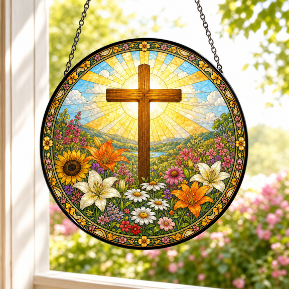 Summer Flower Cross Stained Glass Suncatcher for Window Hanging Christian Gift