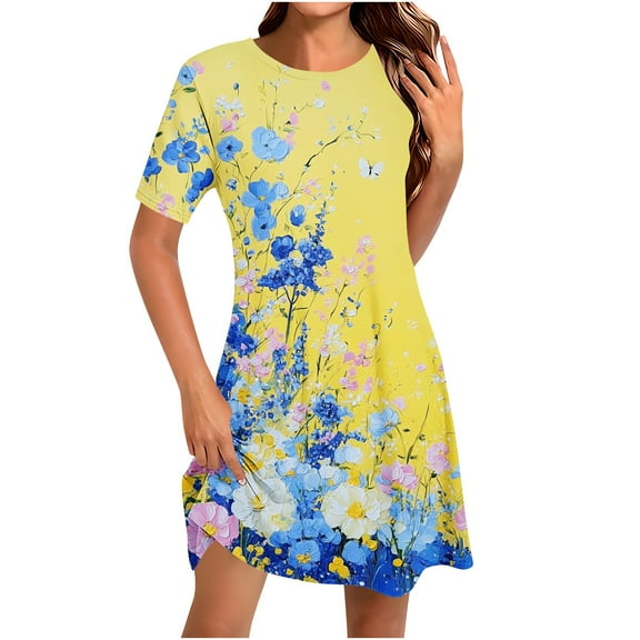 Summer Flower Dress for Women Casual Short Sleeve Crewneck Tank Dresses Beach Vacation Mini Sundress