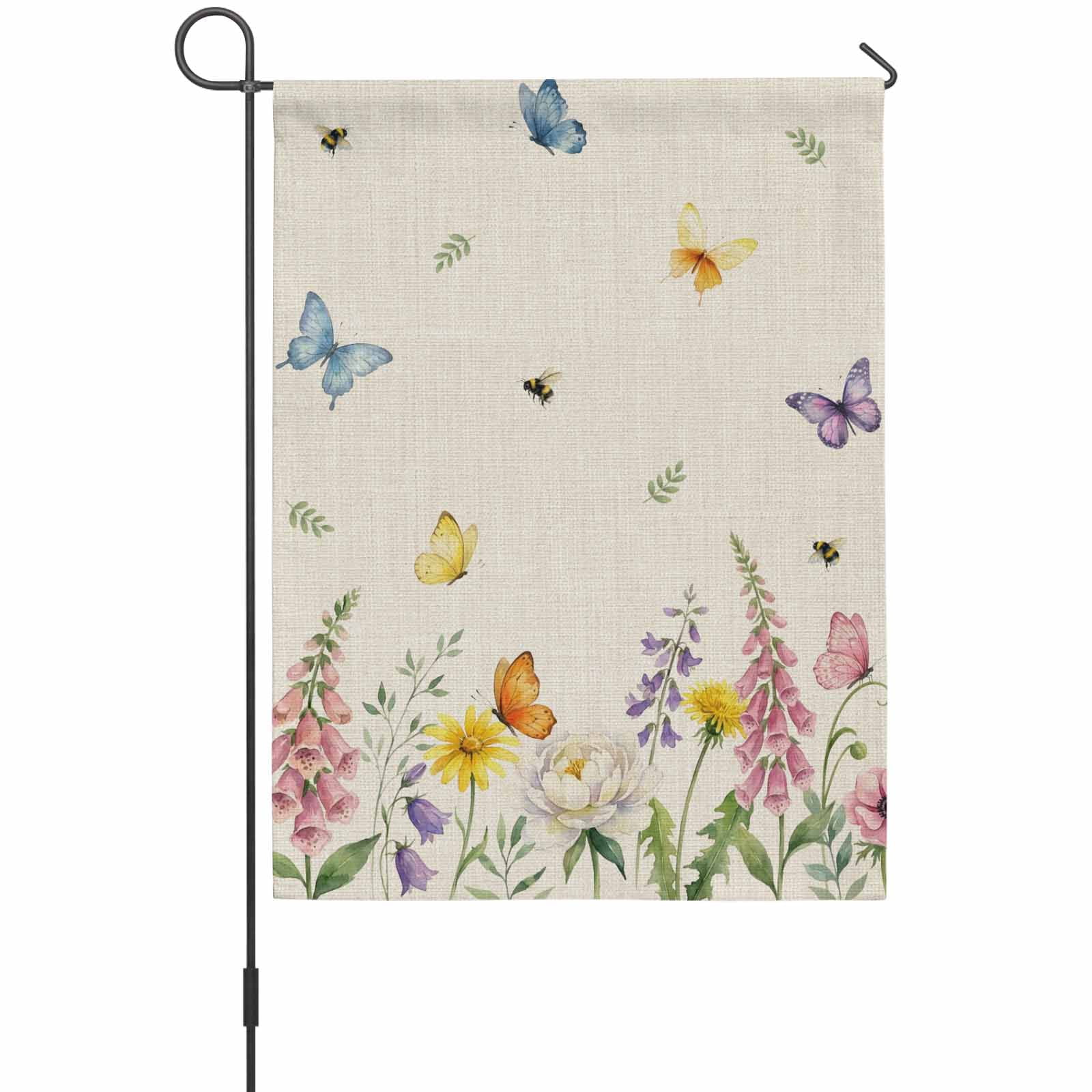 Summer Flower House Flag 28 x 40 Inches, Spring Pink Floral Colorful Butterfly Linen Texture Weather Proof Outdoor Patio Flags Double Sided Small House Decoration for Yard Lawn Outside Home
