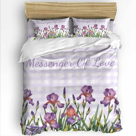 Summer Flower Iris Queen Size Comforter Set, Purple Plaid Country Watercolor Soft Bedding for All Seasons, 4 Pcs Bed Set with 1Comforter (90"x92") ,1 Sheet(94"x116"), 2 Pillowcases (19"x29")