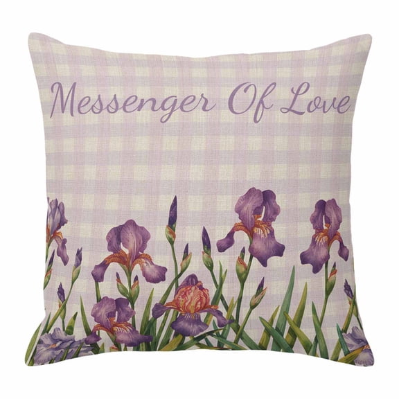 Summer Flower Iris Throw Pillow Cover Purple Beige Plaid Country Watercolor Cotton Linen Cushion Cover Throw Pillow Case with Invisible Zipper for Couch Sofa Bed Chair Car 16x16 Inch