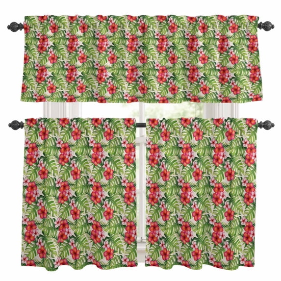 Summer Flower Kitchen Curtains Valances and Tiers Set of 3 Pastoral Red Flower Tropical Plants Linen Tier Curtains and Valance with Rod Pocket for Small Windows, 27.5"x36"