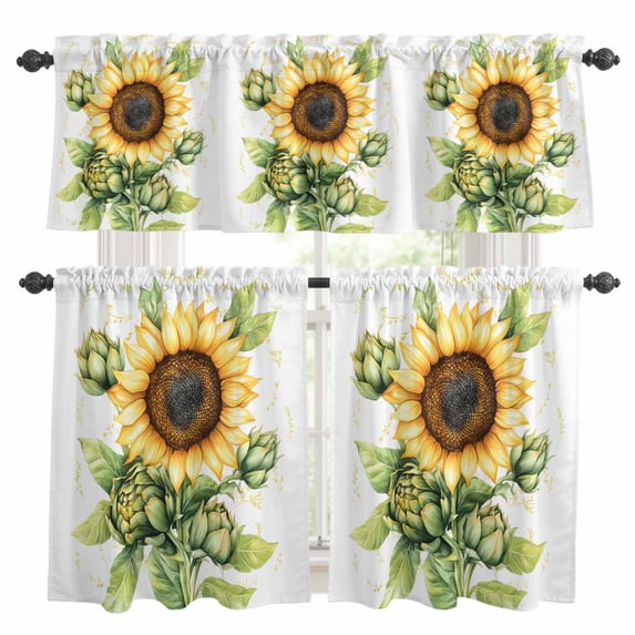 Summer Flower Kitchen Curtains Valances and Tiers Set of 3 Yellow Sunflowr Leaf Vintage Plant Tier Curtains and Valance with Rod Pocket for Small Windows, 27.5"x36"