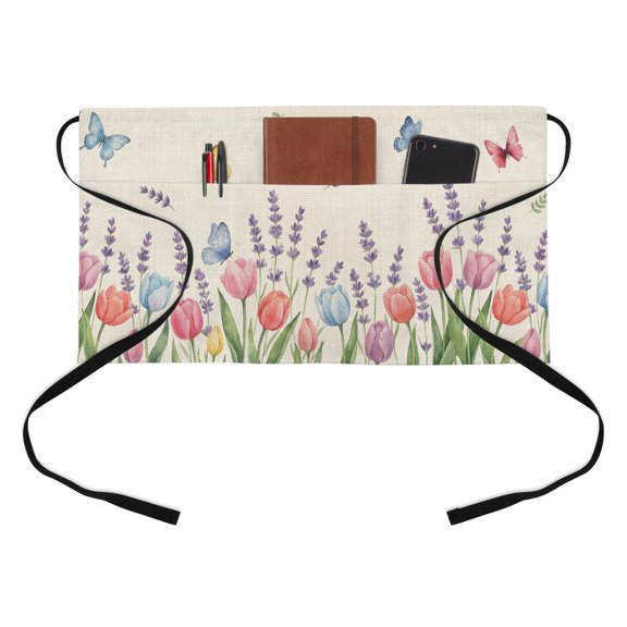 Summer Flower Kitchen Restaurant Half Waist Apron, Rustic Pink Tulips Floral Color Butterfly Linen Texture Server Short Apron with 3 Pockets Waterproof Oil Waist Aprons for Women Waitress Waiter