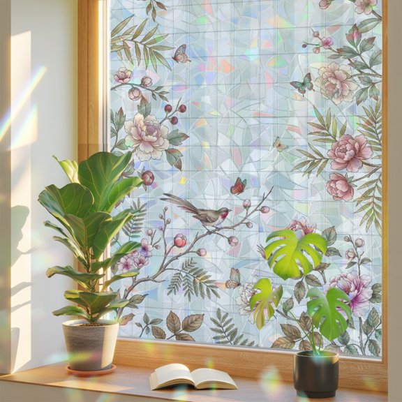 Summer Flower Leaf Bird Butterfly Window Privacy Film, Rainbow Film Decorative Window Sticker 17.7x39.3in, Farmhouse Plant Buffalo Plaid Sun Blocking Static Stained Glass Cling Tint Non-Adhesive