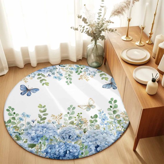 Summer Flower Leaf Butterfly Round Area Rug 3ft,Living Room Rug Non-Slip Washable Circle Rugs Pad,Blue Hydrangea Green Leaves Soft Floor Carpet for Bedroom Dining Room