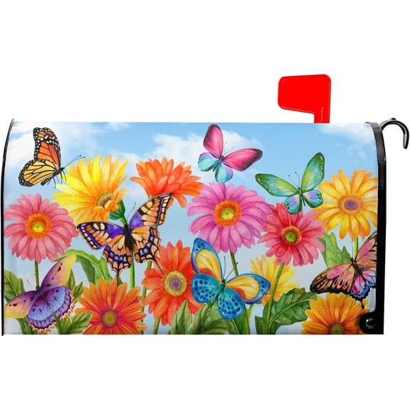 Summer Flower Mailbox Covers Magnetic Large Size 25.5 x 21 Inch Beautiful Fluttering Butterfly Mailbox Covers Colorful Floral Decorative Mailboxes Wraps Post Letter Box Cover for Outside